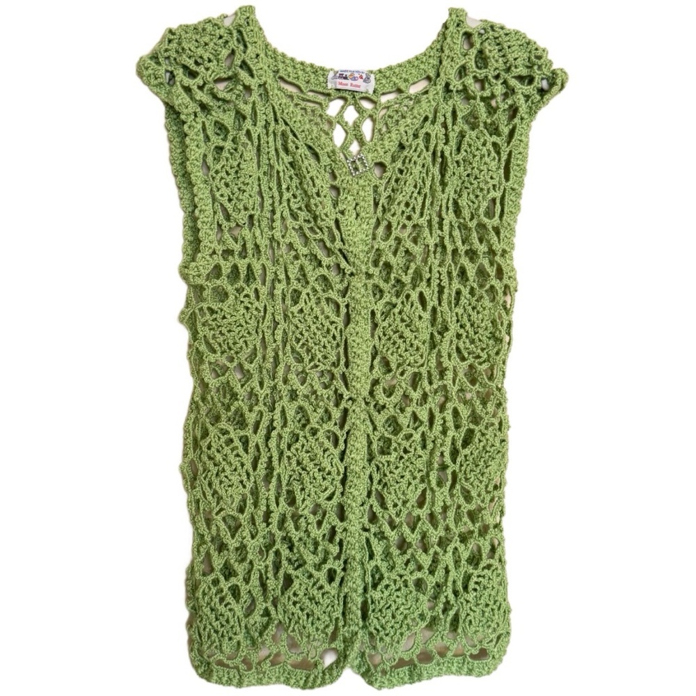 Vintage Hand Crochet Knit Vest Women’s Medium Green Sweater Sleeveless Boho - Picture 1 of 16